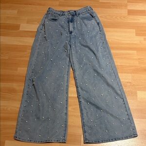 Women's Light Blue Wide-Leg Jeans with Pearl Accents
